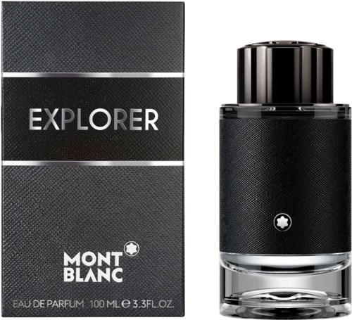 Montblanc Explorer -hajuvesipullo, jonka vieressä on musta laatikko hopeareunoin ja tekstin.