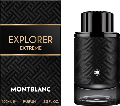 Czarna butelka perfum Montblanc Explorer Extreme z teksturowanym wzorem, obok opakowania. Elegancki i odważny design.