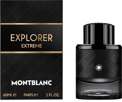 Montblanc Explorer Extreme -hajuvesipakkaus ja pullo musta, kulta ja valkoinen teksti ja kuviot.