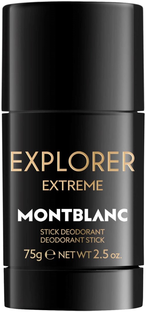 En svart deodorantstift med texten Montblanc Explorer Extreme, väger 75 gram, med guld- och vit text på förpackningen.