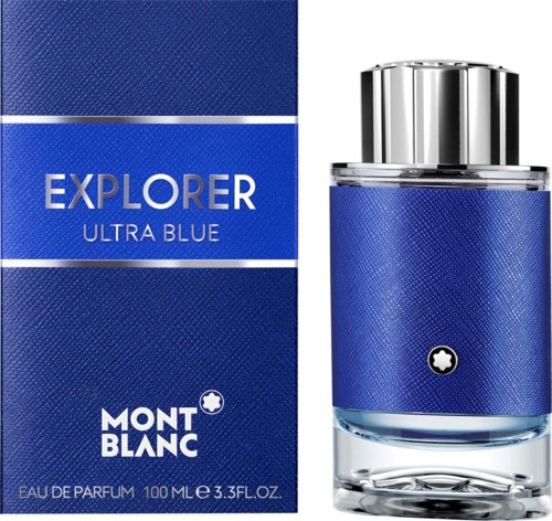 Een Montblanc Explorer Ultra Blue parfumfles en doos, met blauw textuurtje en zilveren dop.