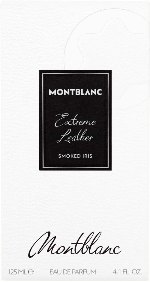 Montblanc Extreme Leather Smoked Iris hajuvesilabeli, jossa on brändi ja tuoksutiedot.
