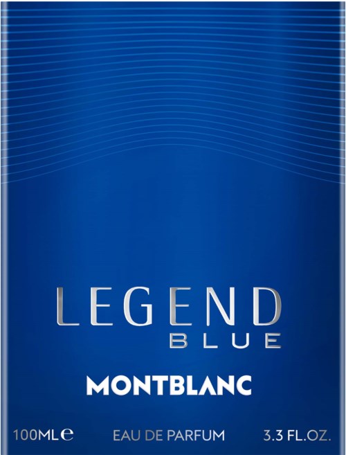 Blue perfume box with white text, brand name Montblanc, and product name Legend Blue.