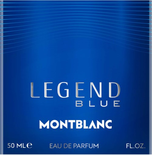 A blue perfume box with white and silver text, brand name Montblanc and product name Legend Blue, 50 ml.