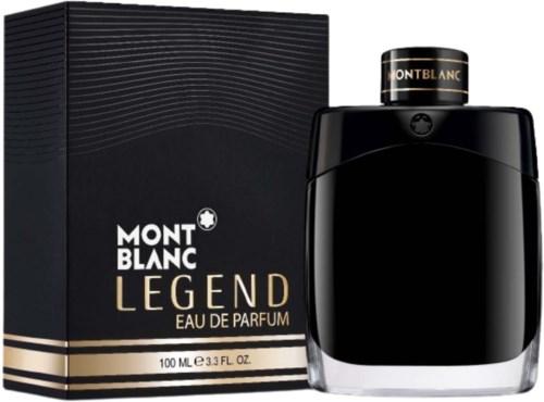 A black perfume bottle and box, with Mont Blanc Legend branding in gold and white, simple and elegant design.