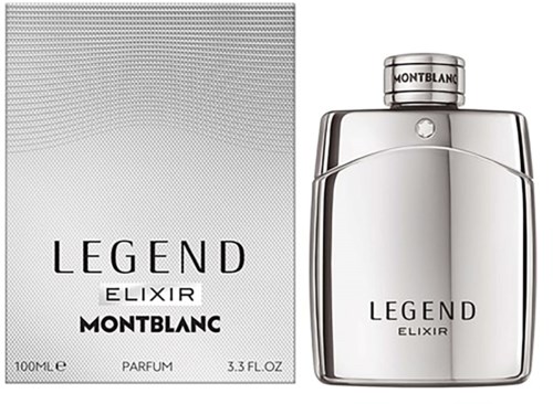 Montblanc Legend Elixir -tuoksupullo ja rasia yksinkertaisella mustavalkoisella muotoilulla.
