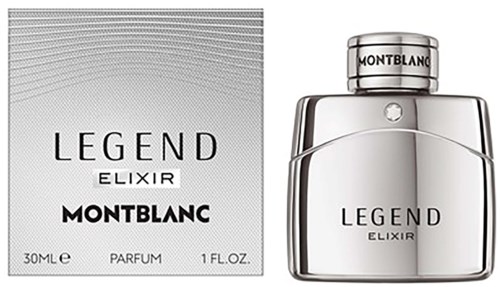 A perfume bottle and box labeled Legend Elixir by Montblanc, silver and sleek design. Contains 30 ml.