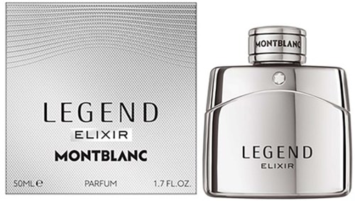 Parfyymipullo ja laatikko, joissa on sanat Legend Elixir Montblanc, yksinkertainen muotoilu, hopean värinen, elegantti ulkonäkö.