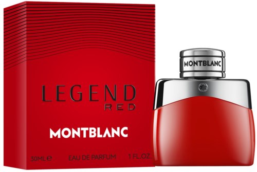 Punainen hajuvesipullo ja laatikko, joissa lukee 'Legend Red' ja 'Montblanc'.