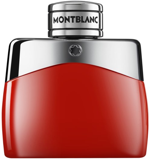 Punainen ja hopea Montblanc- pullo, näyttää tavaralta, kuten hajuvesi tai cologne.