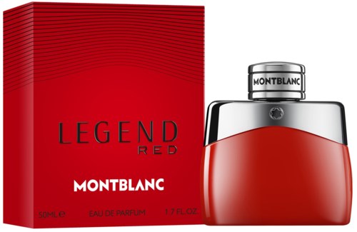 Punainen hajuvesipullo ja laatikko, joissa mustaa ja valkoista tekstiä, nimeltä 'Legend Red' by Montblanc.