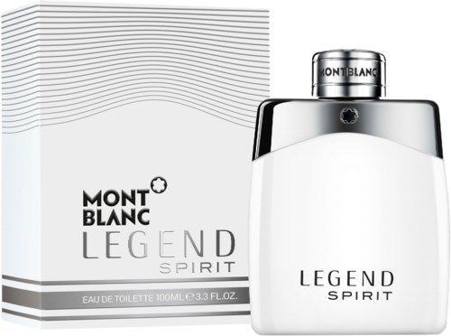 En parfymflaska märkt 'Legend Spirit' bredvid sin box. Paket är vitt med svart text och linjer.