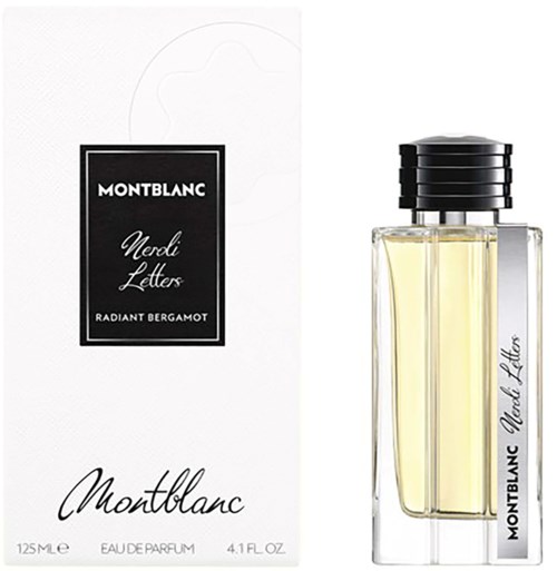 A perfume bottle with a black cap and clear rectangular glass, next to a black and white box with text.