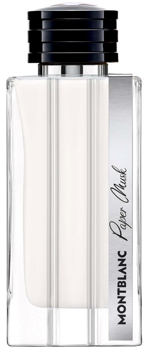 Przezroczysta butelka z perfumem z czarną nakrętką, widoczna etykieta Montblanc Paper Noire, zawiera perfumy.