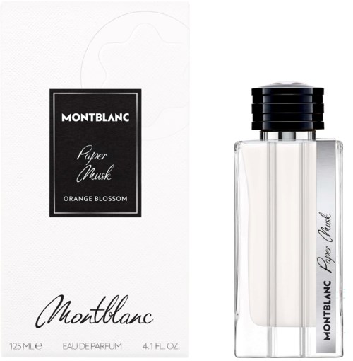 Butelka perfum Paper Musk marki Montblanc z czarnym korkiem, obok białe pudełko z czarnym i pomarańczowym tekstem.
