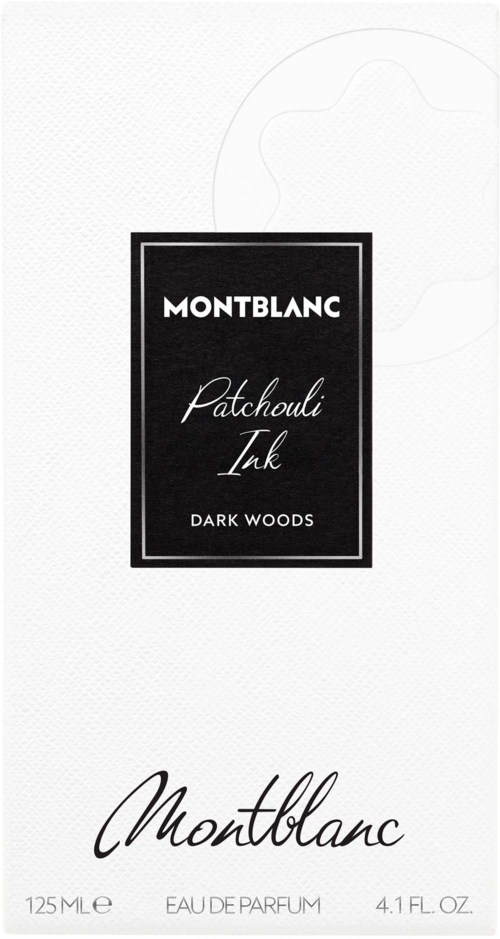 Montblanc perfume bottle with black and white label, named Patchouli Ink, Dark Woods scent, 125 ml size.