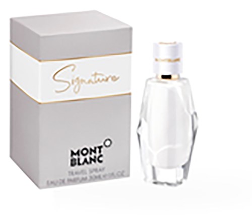 En parfume flaske med aftageligt låg og en hvid boks mærket "Signature" og "Montblank."