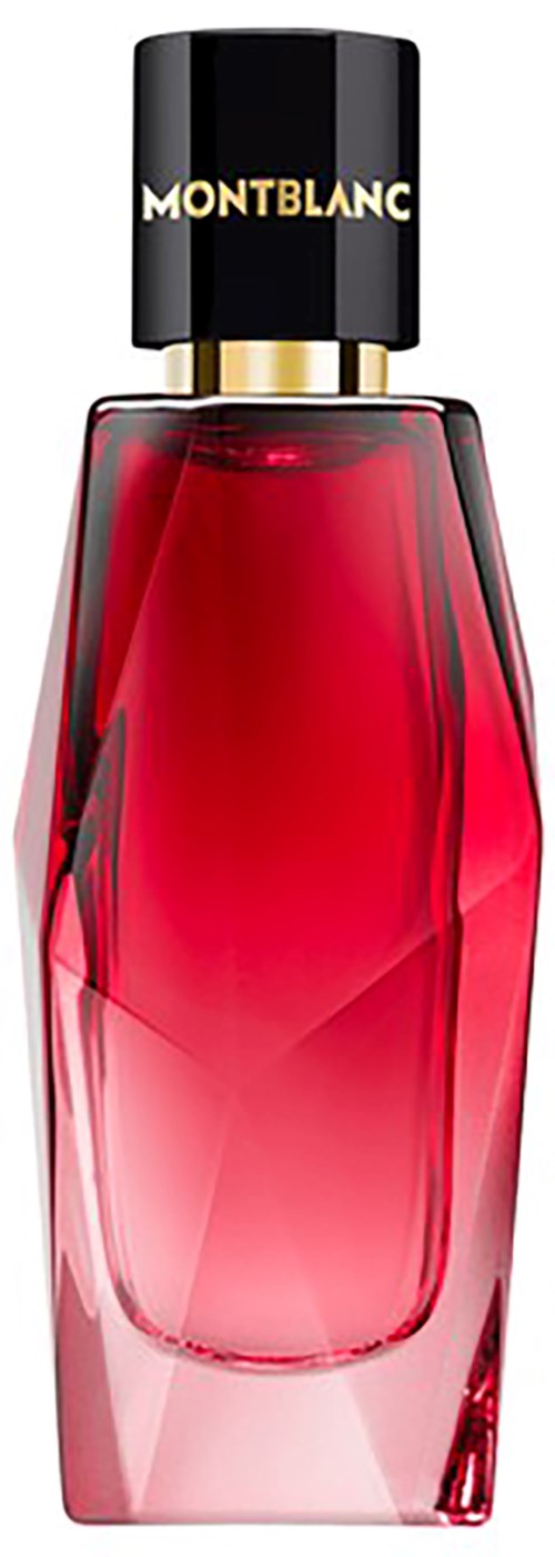 A tall, sleek perfume bottle with a red body, black cap, and gold band. The brand name Montblanc is on the cap.