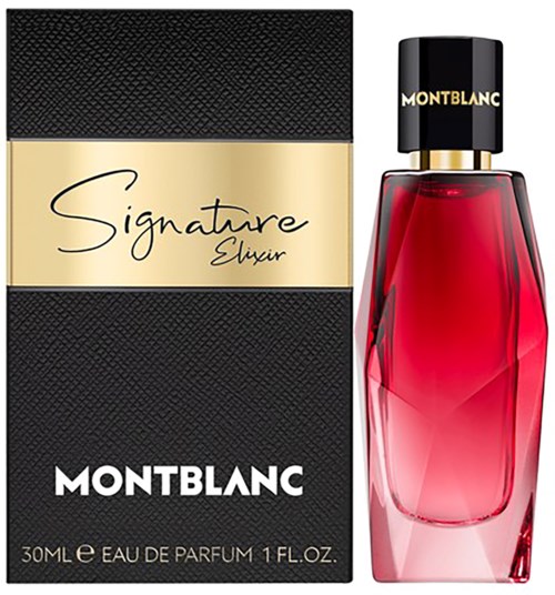 A Montblanc perfume bottle and box, name 'Signature Elixir', with black, gold, and red colors.