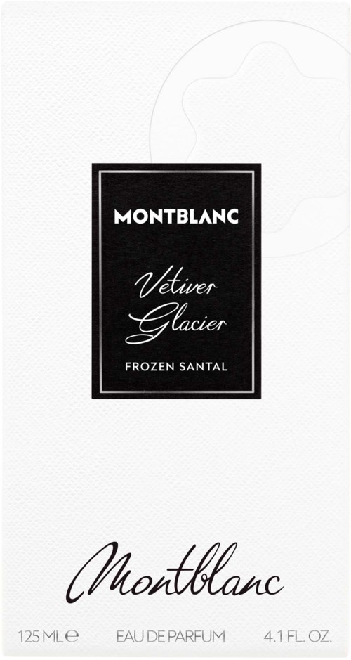 Luksusparfyymin laatikko, jossa lukee 'Montblanc Vetiver Glacier Frozen Santal', tyylikäs teksti ja mustavalkoinen muotoilu.