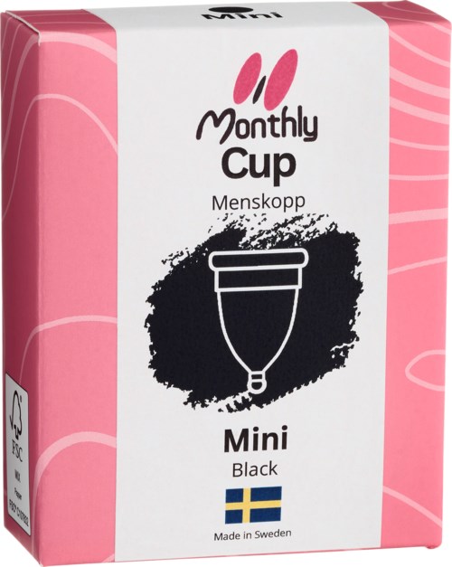 En lyserød og hvid æske med mærket 'Monthly Cup MenSupp Mini Black' og en sort-hvid illustration af en menstruationskop.