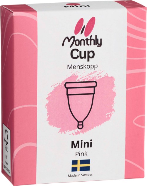 Rosa menskopp i förpackning, med en svensk flagga, tillverkad i Sverige.