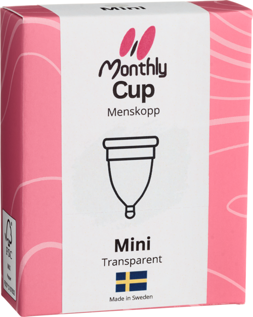 Rosa box med svart linjeförsedd bild av en menskopp, svensk flagga och text som visar att den är mini, transparent och tillverkad i Sverige.
