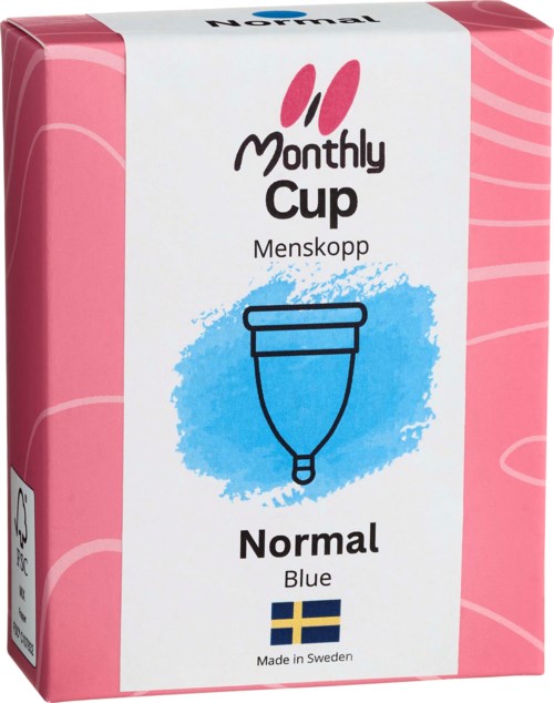 En förpackning med menskoppar med rosa bakgrund, blå illustration och svensk flagga.