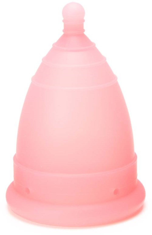 Pink menstrual cup with a rounded tip and a flexible, conical shape for menstrual flow collection.