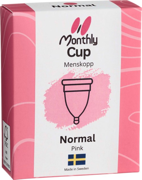 Pink box with a menstrual cup illustration, text shows brand, size, and Swedish origin, with simple design.