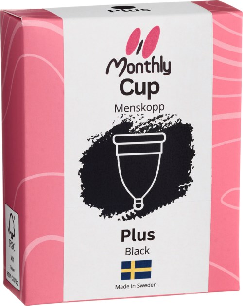 Valkoinen ja vaaleanpunainen laatikko, jossa on musta kuukautiskuppa-kuva ja teksti kuukautissienestä.