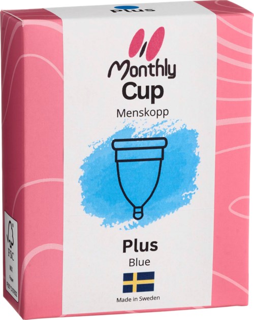 Pink og hvid emballage til menstruationskopper, blåt produktnavn, svensk flag, lavet i Sverige.