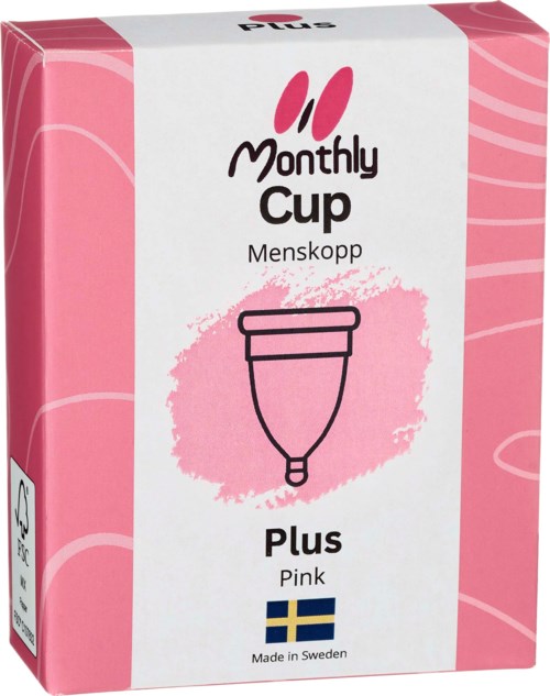 Rosa menskopp med enkel linjeteckning, märkt 'Monthly Cup Plus' från Sverige.