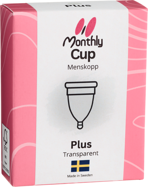 Rosa förpackning med en menstruationskopp, enkel illustration, svensk flagga och text på svenska och engelska.