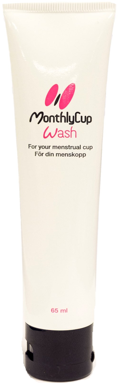 En vit tub med rosa och svart text, märkt 'MonthlyCup Wash' för menskoppar, innehåller 65 ml produkt.