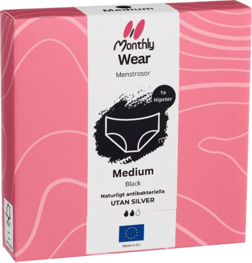 A pink package labeled 'Monthly Wear' with a black and white underwear icon and text. It is for medium, black, antibacterial menstrual underwear.