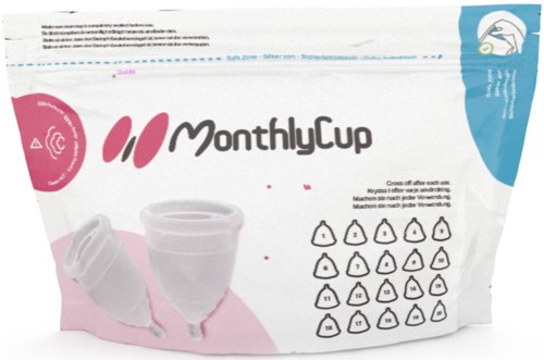 Återanvändbar menskoppförpackning med illustrationer och varumärkesnamnet MonthlyCup på vit och rosa bakgrund.