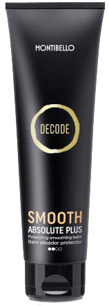 A black tube of Montibello Decode Smooth Absolute Plus with gold and white text for hair care.