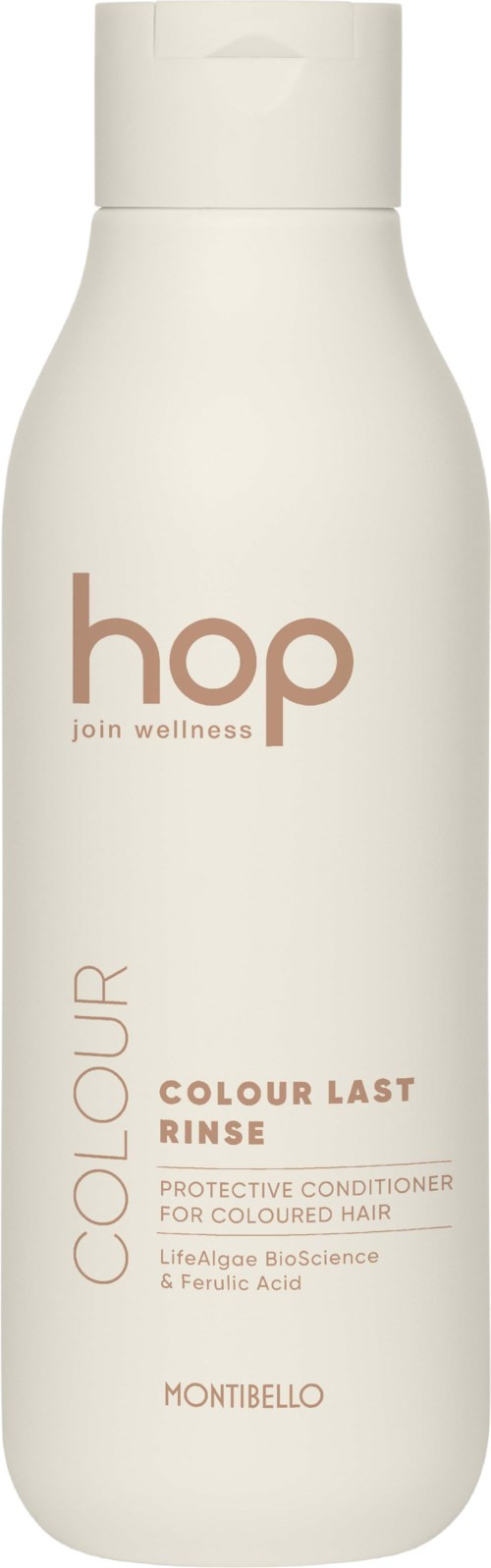 Een witte fles Hop Colour Last Rinse conditioner voor gekleurd haar van Montibello met een minimalistisch ontwerp.