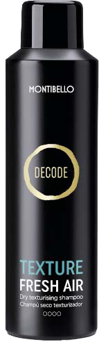 Een zwart flesje met dop, met label 'MONTIBELLO DECODE TEXTURE FRESH AIR'. Het is een shampoo voor droog haar.