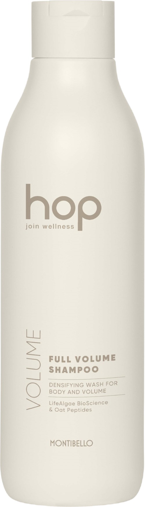 En lang hvit sjampoflaske med skrukork, merket 'hop join wellness' og 'Full Volume Shampoo' for kropp og volum.