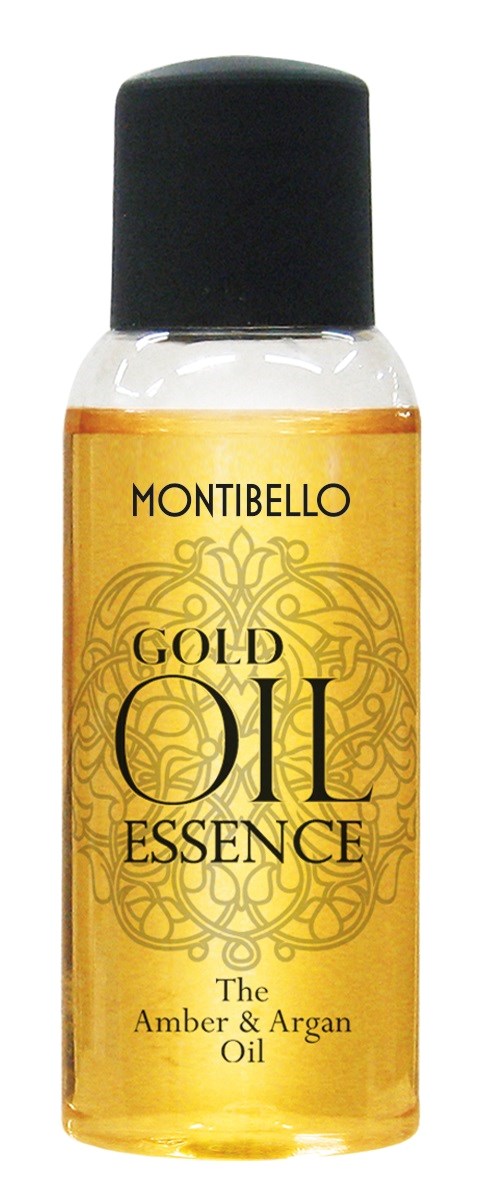 Small yellow bottle labeled 'Montibello Gold Oil Essence' with black cap, contains amber and argan oil.
