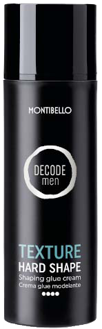 Een zwarte fles met 'Montibello Decode Men Texture Hard Shape' voor het stylen van mannenhaar.