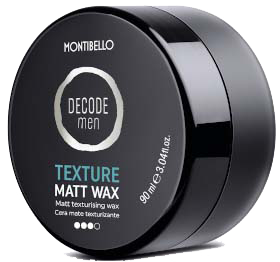Een ronde zwarte pot met deksel. Het is mannenstylingwas met de naam 'Texture Matte Wax'.