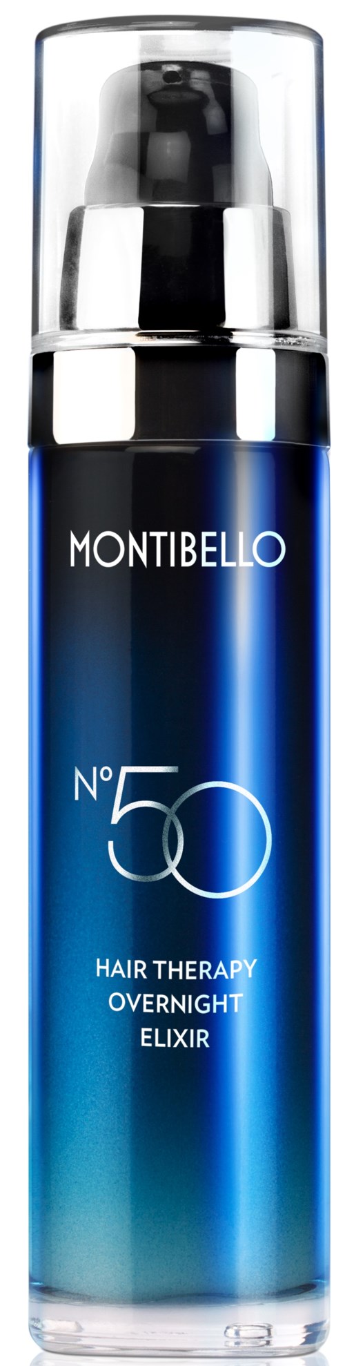 En blå och silver flaska märkt Montibello No. 50 Hair Therapy Overnight Elixir med pump.