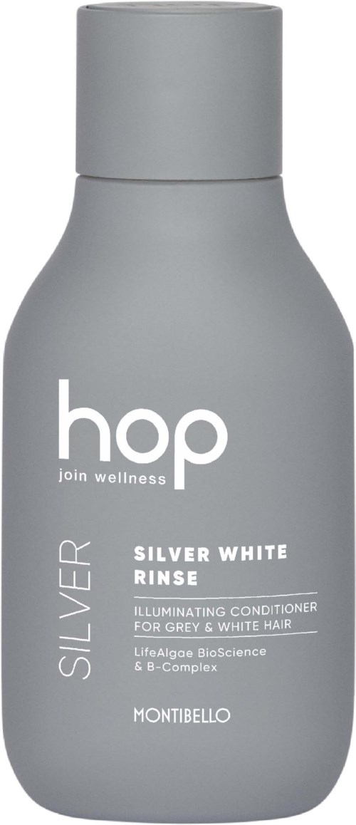 En grå flaska med Hop Silver White Rinse, ett balsam för grått och vitt hår, med vit text och lock.
