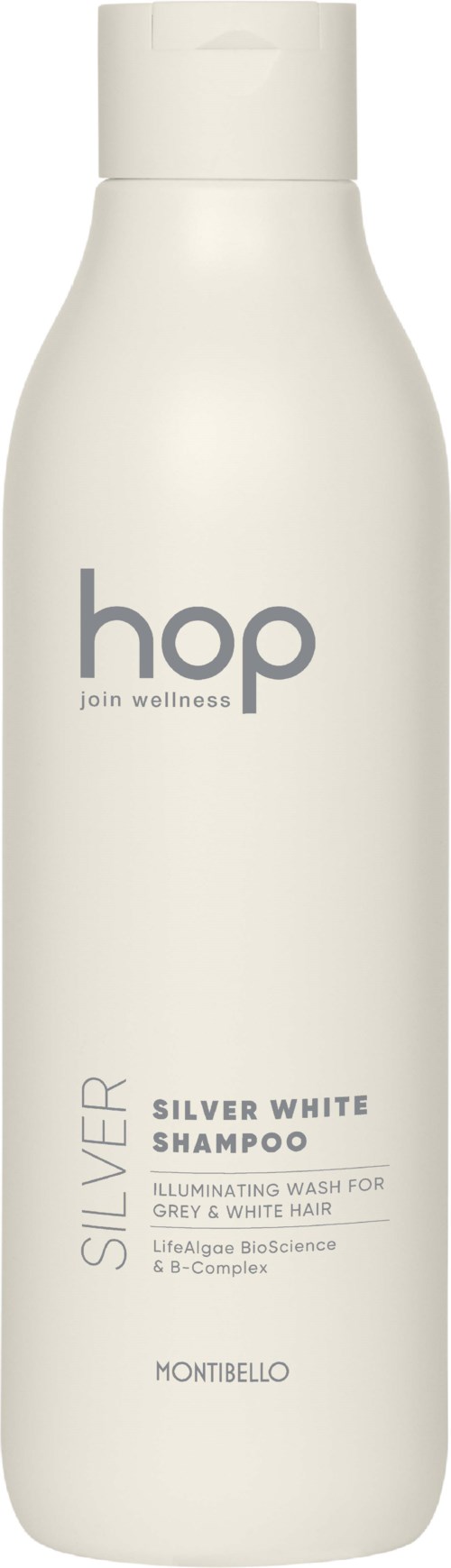 En hvit flaske med sølvhvit sjampo med merkevaren 'hop' og logo, og detaljer om formålet og fordelene.