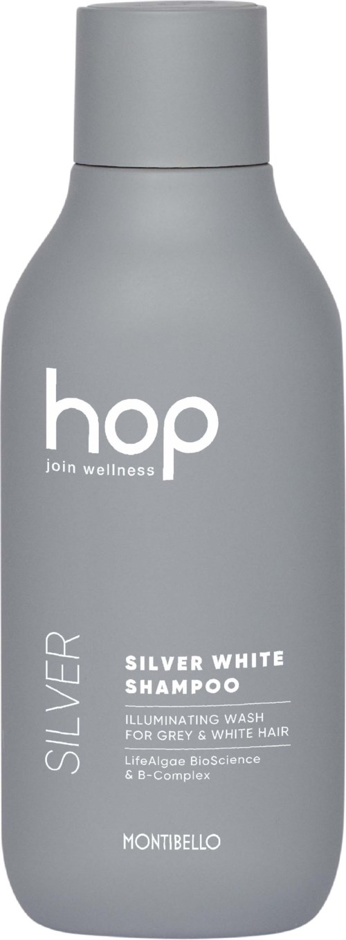 Grå sjampoflaske med hvit tekst, merket 'hop join wellness' og 'Silver White Shampoo' for grå hår.