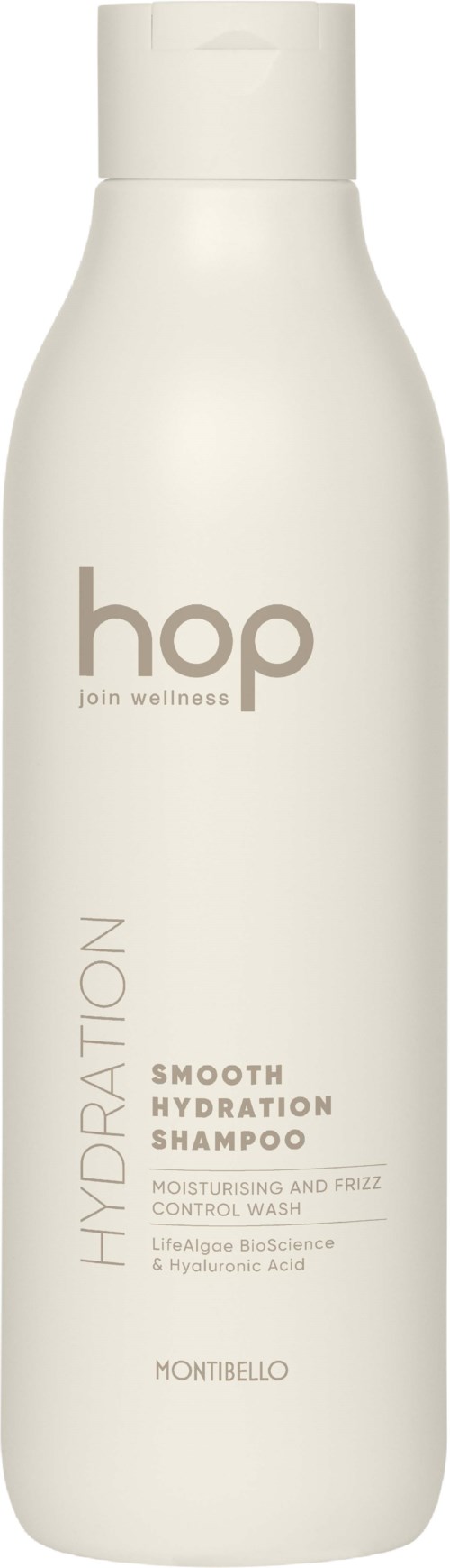 A white bottle of Hop shampoo for smooth, hydrated hair with moisture and frizz control.