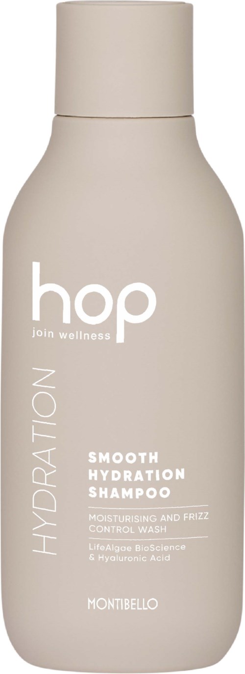 A beige bottle of Hop Hydration Shampoo with white text, designed for moisturizing and frizz control, by Montibello.